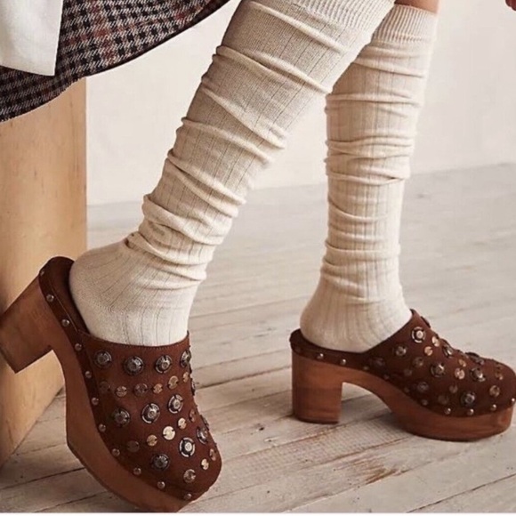 Free People Brown Studded Suede Clog Mules - Picture 4 of 14